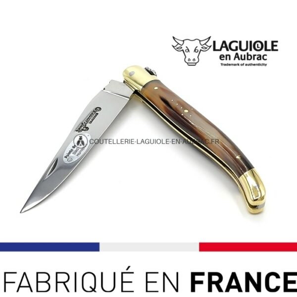 Couteau Laguiole Manche en Pointe de Corne et Mitres Laiton Couteau Laguiole Manche en Pointe de Corne et Mitres Laiton