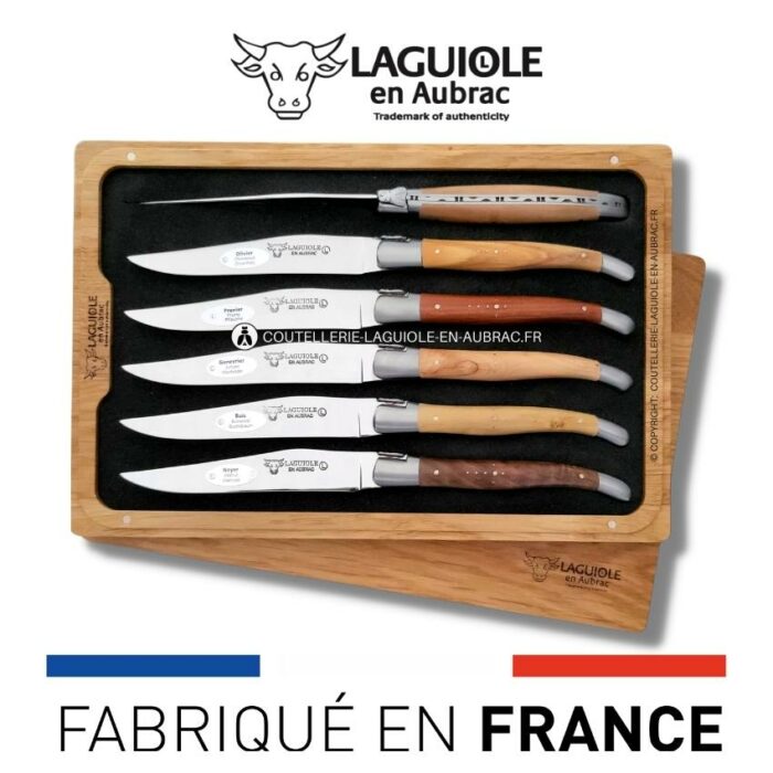 6 couteaux de table laguiole en 6 bois de france
