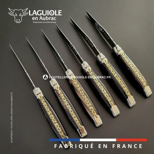 6 couteaux de table laguiole doubles platines ciselées buffle