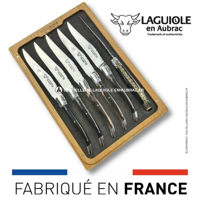 6 couteaux de table laguiole doubles platines ciselées buffle