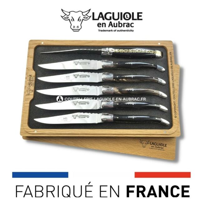 6 couteaux de table laguiole doubles platines ciselées buffle