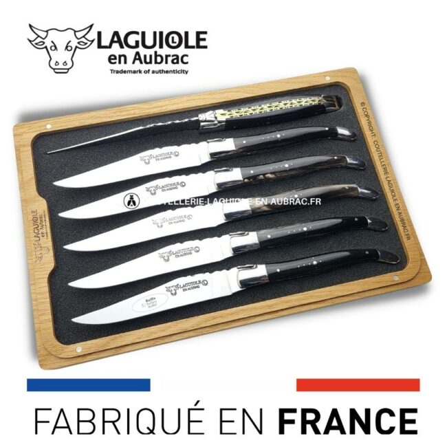 6 couteaux de table laguiole doubles platines ciselées buffle