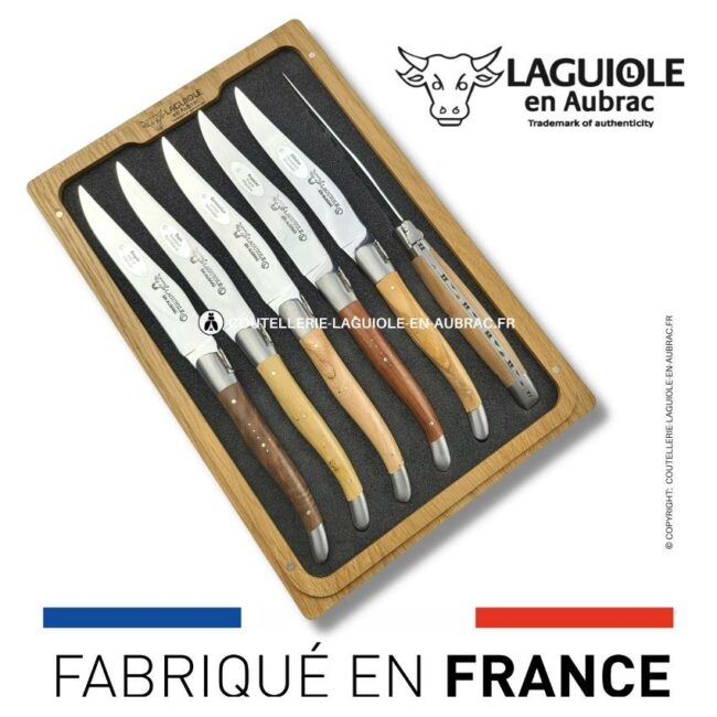 6 couteaux de table laguiole en 6 bois de france