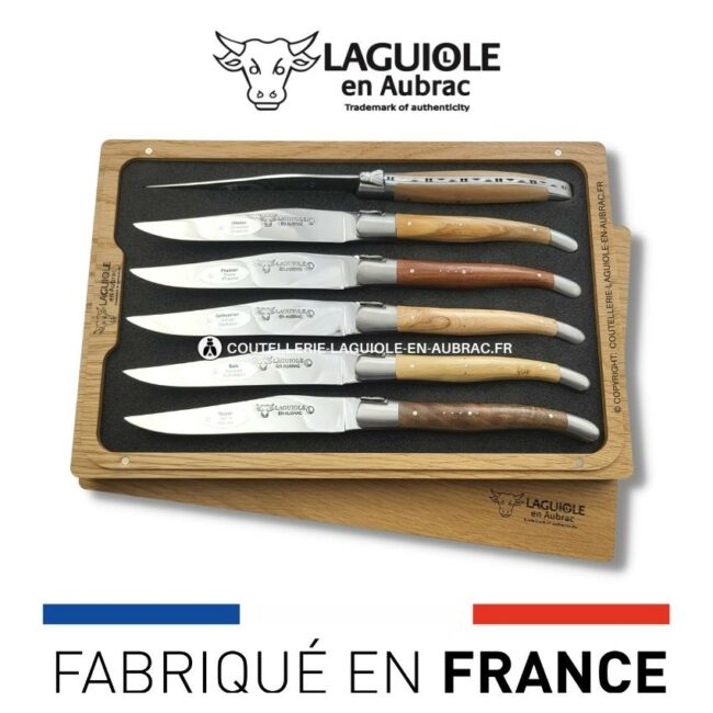 6 couteaux de table laguiole en 6 bois de france