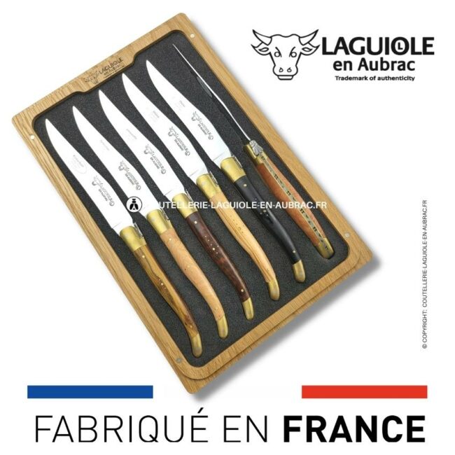 6 couteaux de table laguiole en 6 bois mixtes mitres laiton