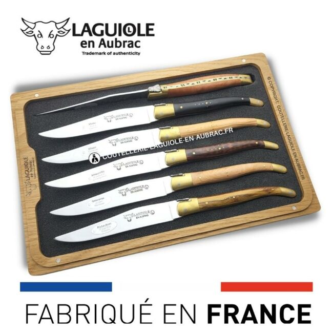 6 couteaux de table laguiole en 6 bois mixtes mitres laiton