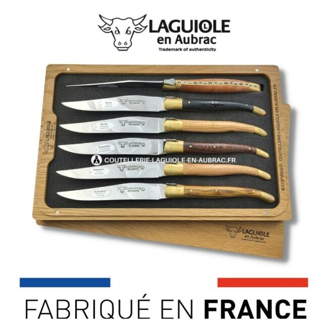 6 couteaux de table laguiole en 6 bois mixtes mitres laiton