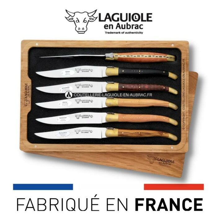 6 couteaux de table laguiole en 6 bois mixtes mitres laiton