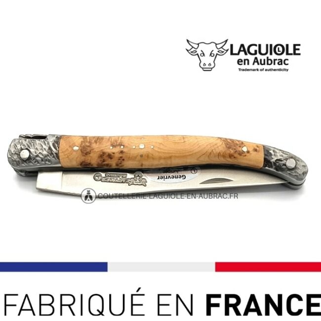 couteau laguiole 12cm double platines mitres martelées genévrier