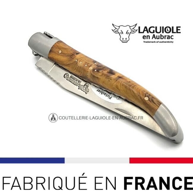 couteau laguiole en aubrac 12cm doubles platines ressort spiral pistachier