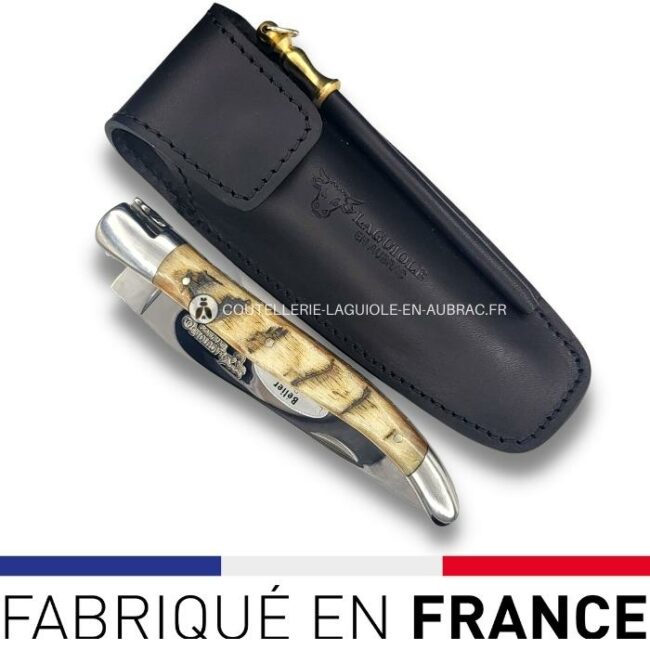 etui ceinture cuir noir 12cm avec fusil laguiole en aubrac