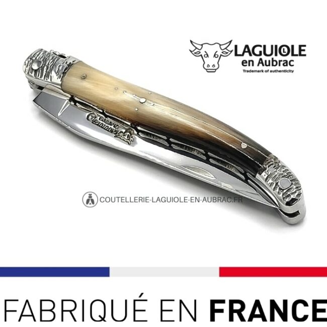laguiole double platines manche pointe de corne mitres martelées
