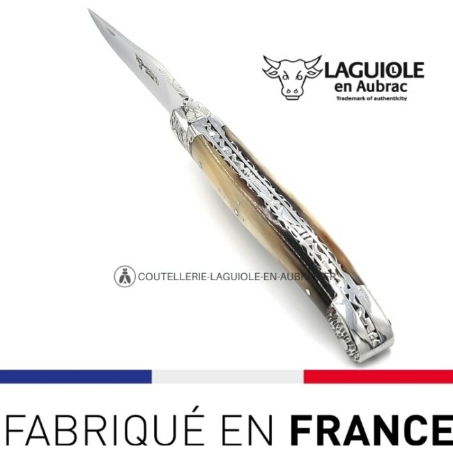 laguiole pliant double platines manche pointe de corne mitres martelées