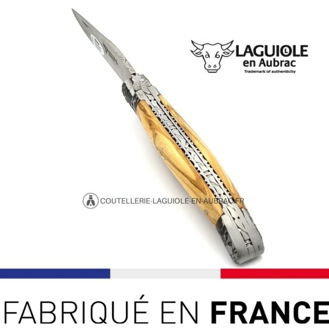 laguiole pliant double platines mitres martelées manche olivier