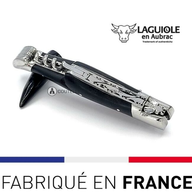 laguiole tire bouchon manche Ébène double platines ciselées inox brillant