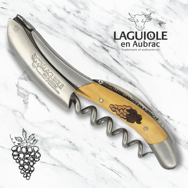 sommelier laguiole en aubrac marqueterie grappe de raisin sur buis inox satiné