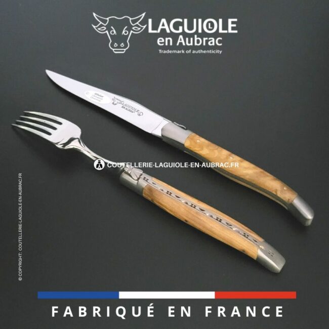 set 1 couteau + 1 fourchette laguiole en olivier