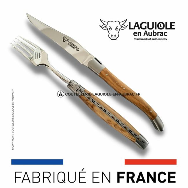 set 1 couteau + 1 fourchette laguiole en olivier