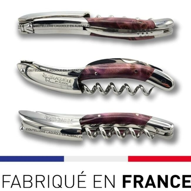 laguiole sommelier tire bouchon en loupe de peuplier couleur lie de vin