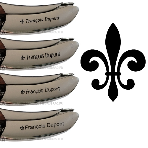 gravure fleur de lys et texte sur sommelier laguiole