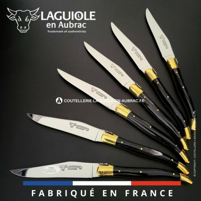 6 couteaux de table laguiole en corne pressée mitres laiton