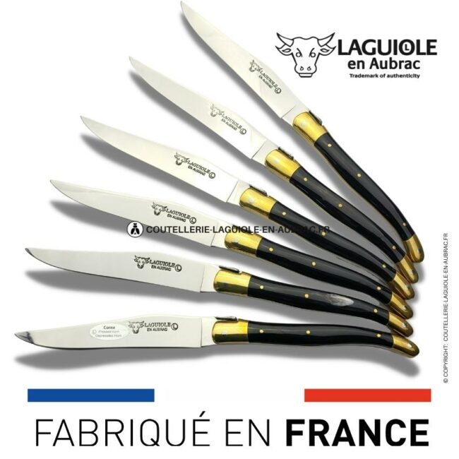 6 couteaux de table laguiole en corne pressée mitres laiton