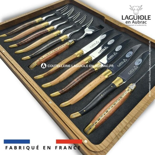 ménagère 12 pièces 6 bois mixtes mitres laiton