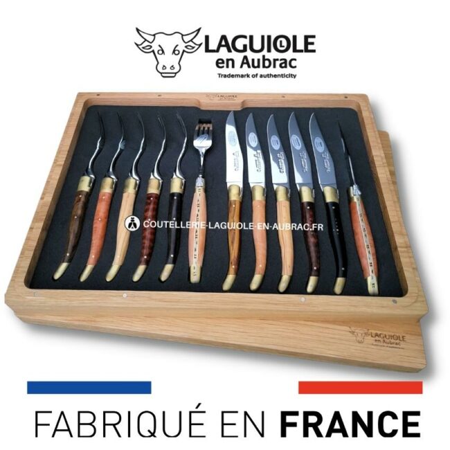 ménagère 12 pièces 6 bois mixtes mitres laiton