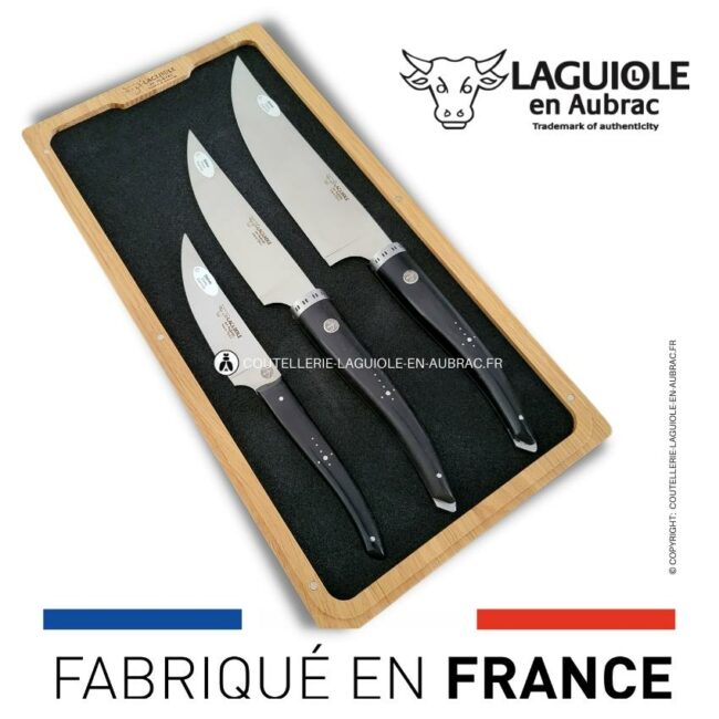 laguiole gourmet 3 couteaux de cuisine ebène