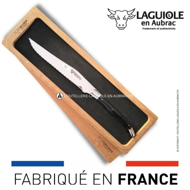 couteau à pain laguiole en aubrac 2 mitres inox ebène