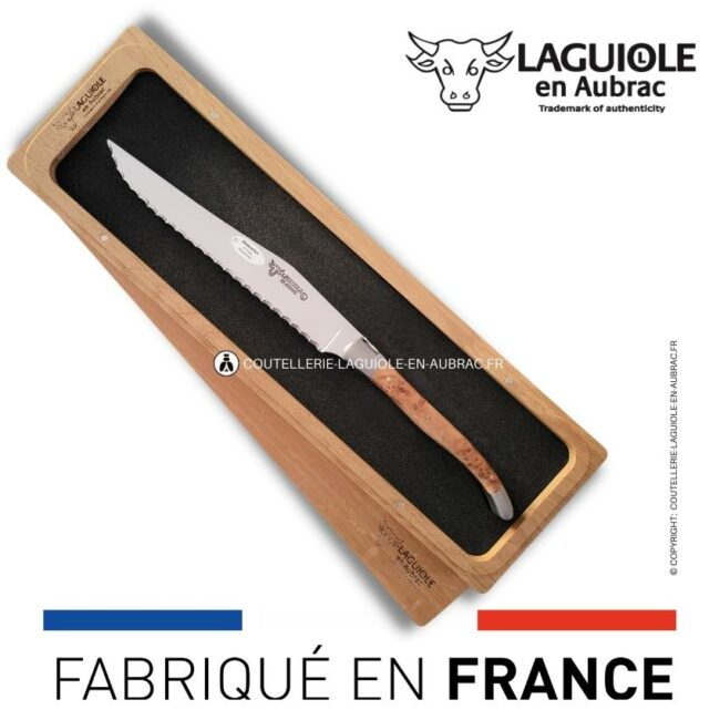 couteau à pain laguiole en aubrac 2 mitres inox genévrier
