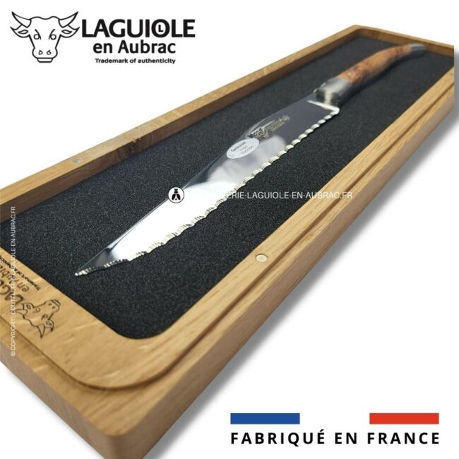 couteau à pain laguiole en aubrac 2 mitres inox genévrier