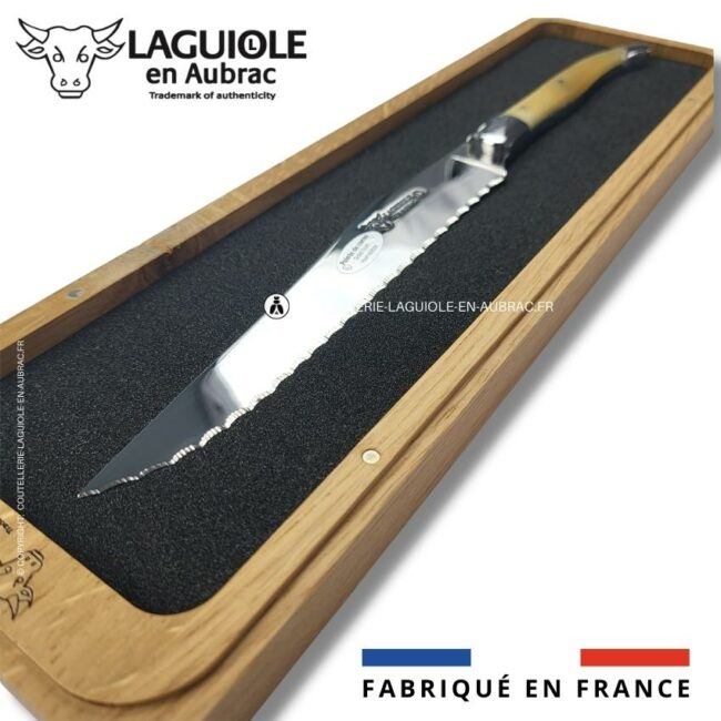 couteau à pain laguiole en aubrac 2 mitres inox pointe de corne