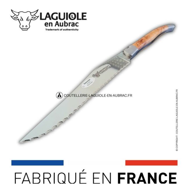 couteau à pain laguiole en aubrac 2 mitres inox genévrier