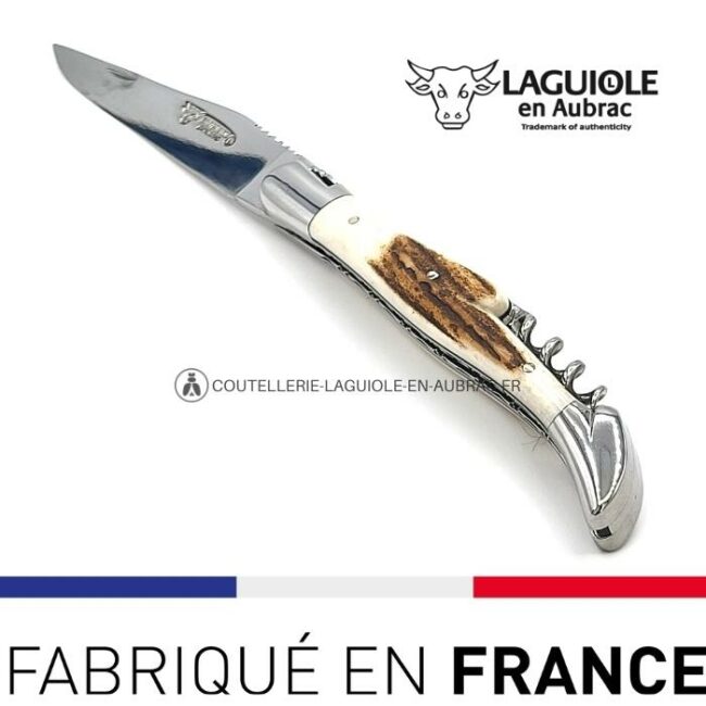 laguiole tire bouchon – manche bois de cerf double platines ciselées – inox brillant