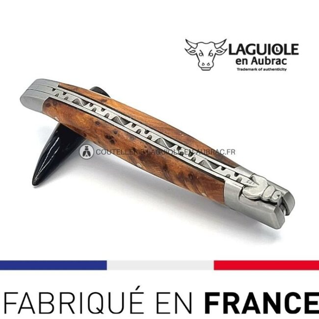 laguiole pliant manche thuya, 12 cm – abeille forgée, mitres inox satiné