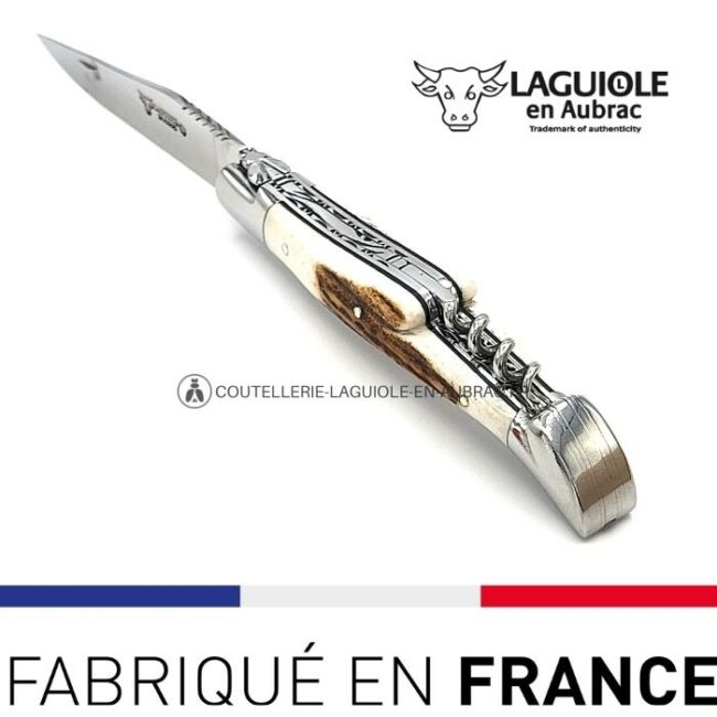 laguiole tire bouchon – manche bois de cerf double platines ciselées – inox brillant