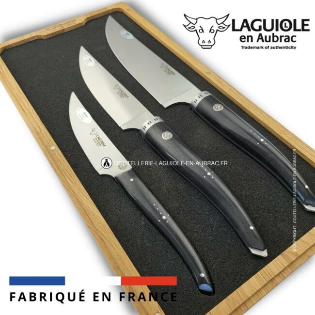 laguiole gourmet 3 couteaux de cuisine ebène