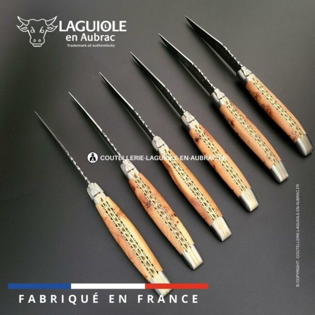 6 couteaux de table laguiole doubles platines ciselées genévrier
