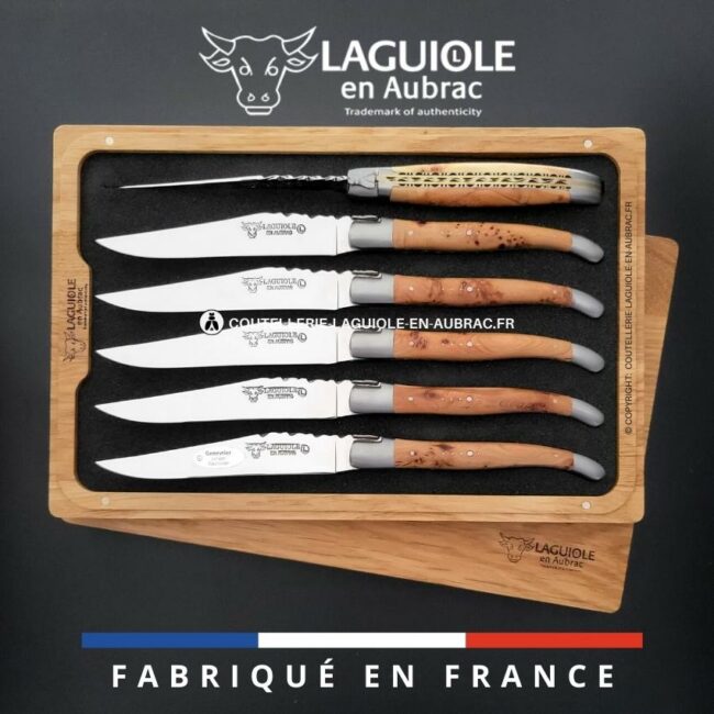 6 couteaux de table laguiole doubles platines ciselées genévrier