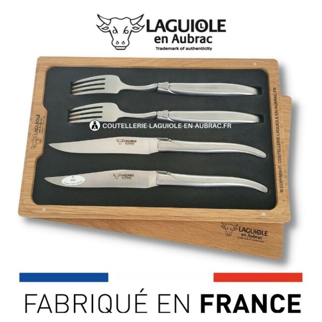 coffret 2 couteaux + 2 fourchettes laguiole tout inox satiné