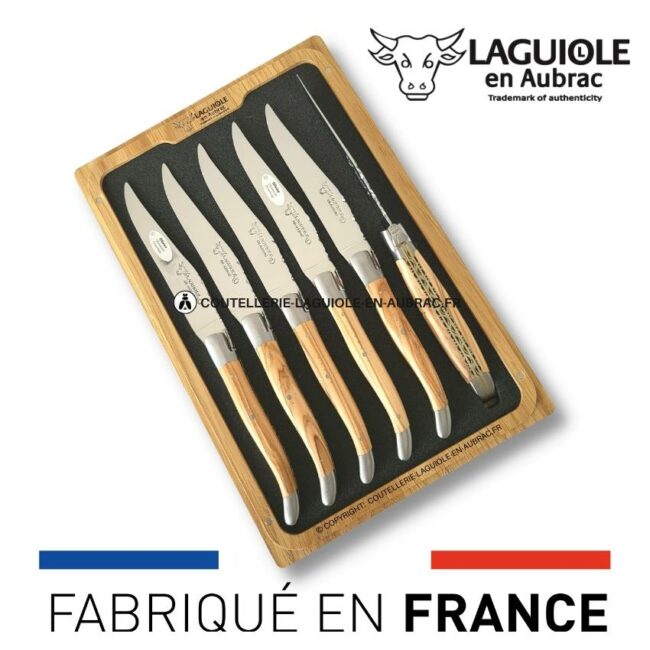 6 couteaux de table laguiole doubles platines ciselées olivier