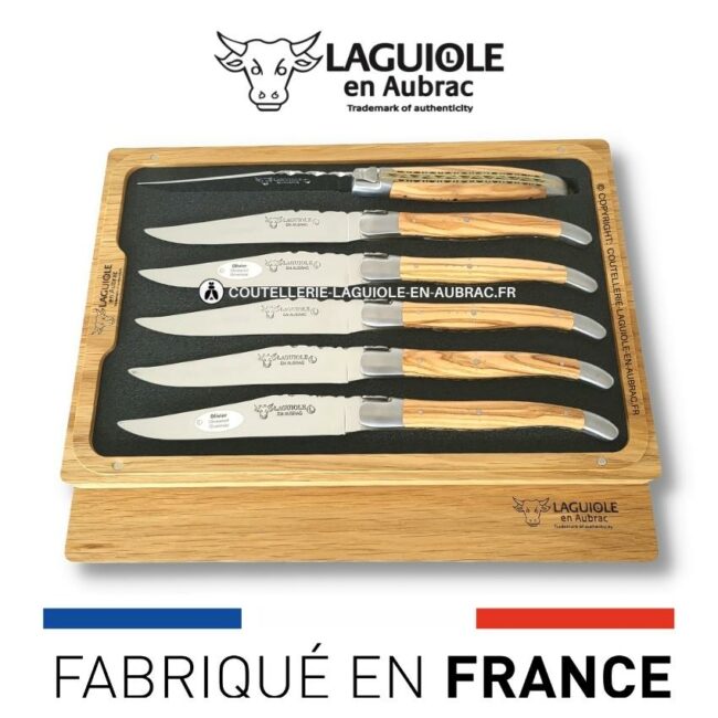 6 couteaux de table laguiole doubles platines ciselées olivier