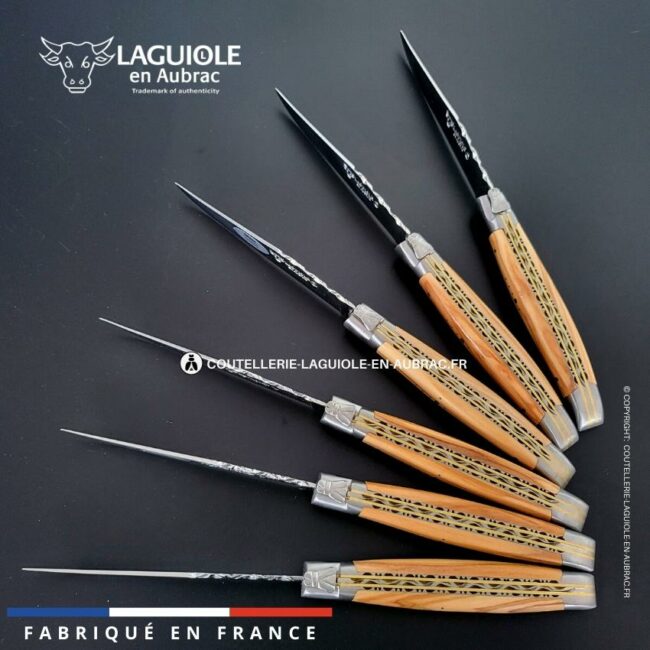 6 couteaux de table laguiole doubles platines ciselées olivier