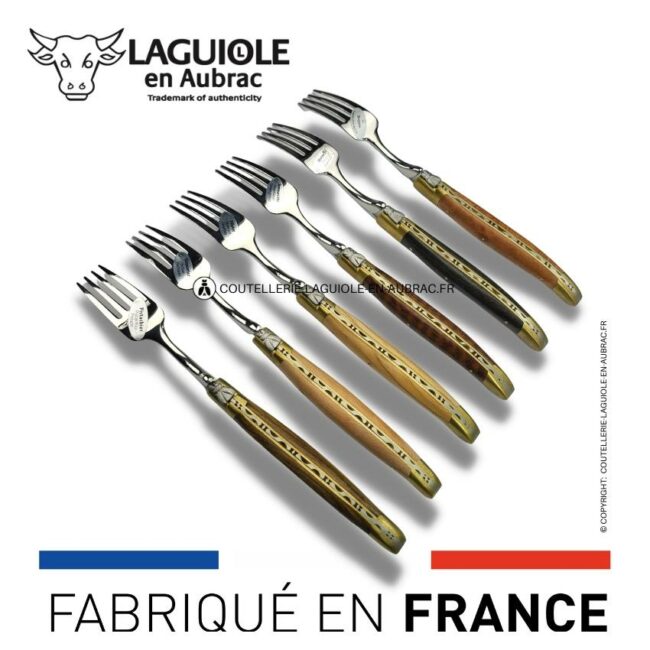 fourchettes de table laguiole en 6 bois mixtes mitres laiton