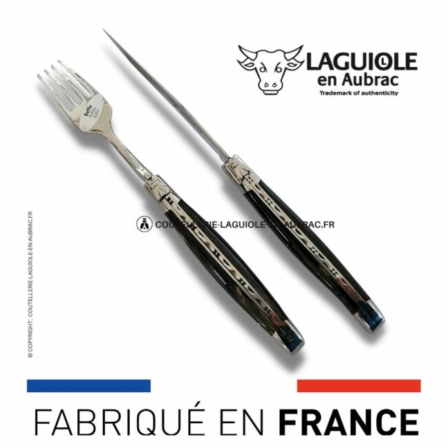 set 1 couteau + 1 fourchette laguiole en corne de buffle