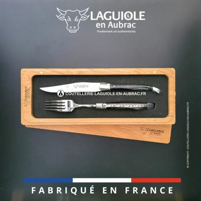 set 1 couteau + 1 fourchette laguiole en corne de buffle