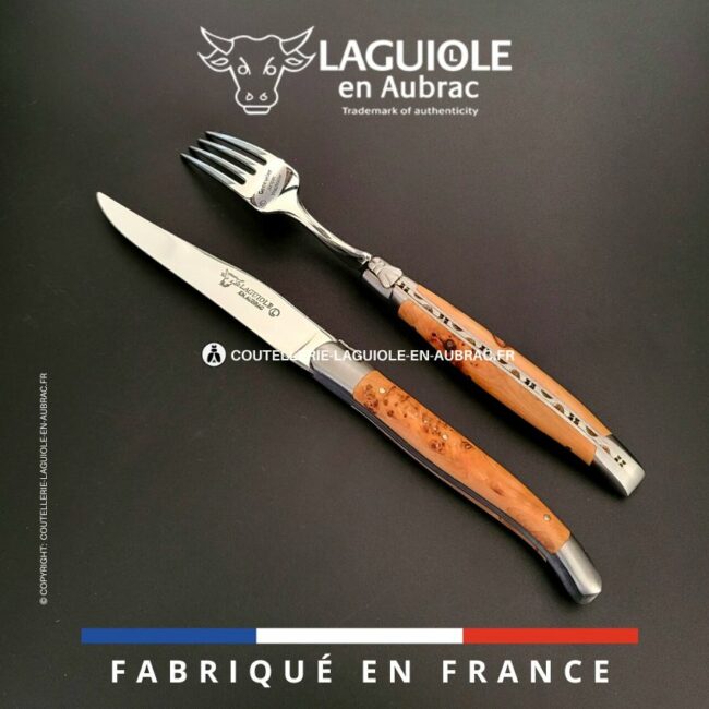 set 1 couteau + 1 fourchette laguiole en genévrier