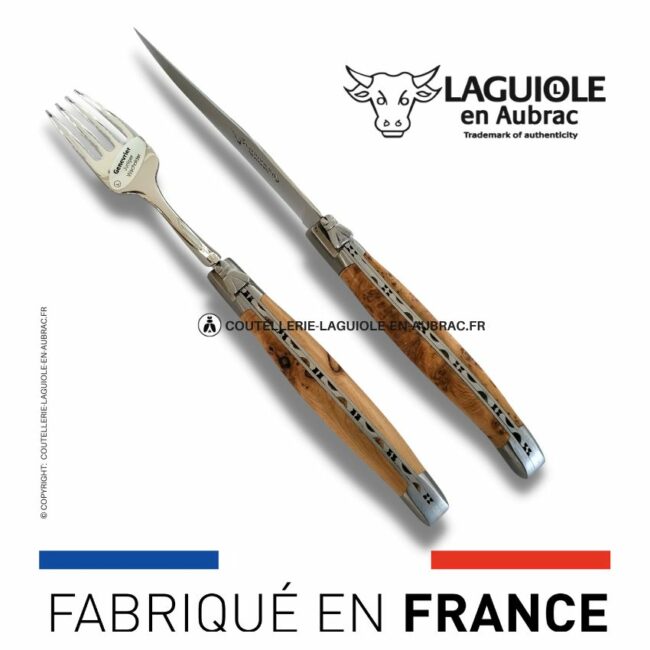 set 1 couteau + 1 fourchette laguiole en genévrier