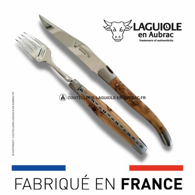 set 1 couteau + 1 fourchette laguiole en genévrier